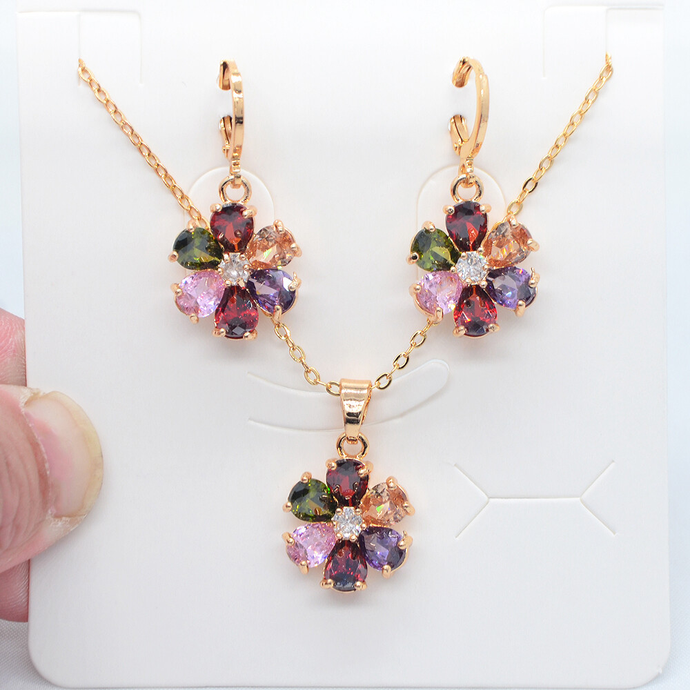 18K Yellow Gold Filled Multicolor Topaz Flower Women Engagement Jewelry Set