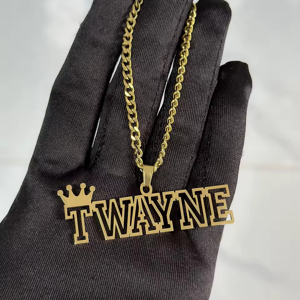 Custom Hollow Name Necklace Crown Pendant Jewelry Stainless Steel Cuban Chain