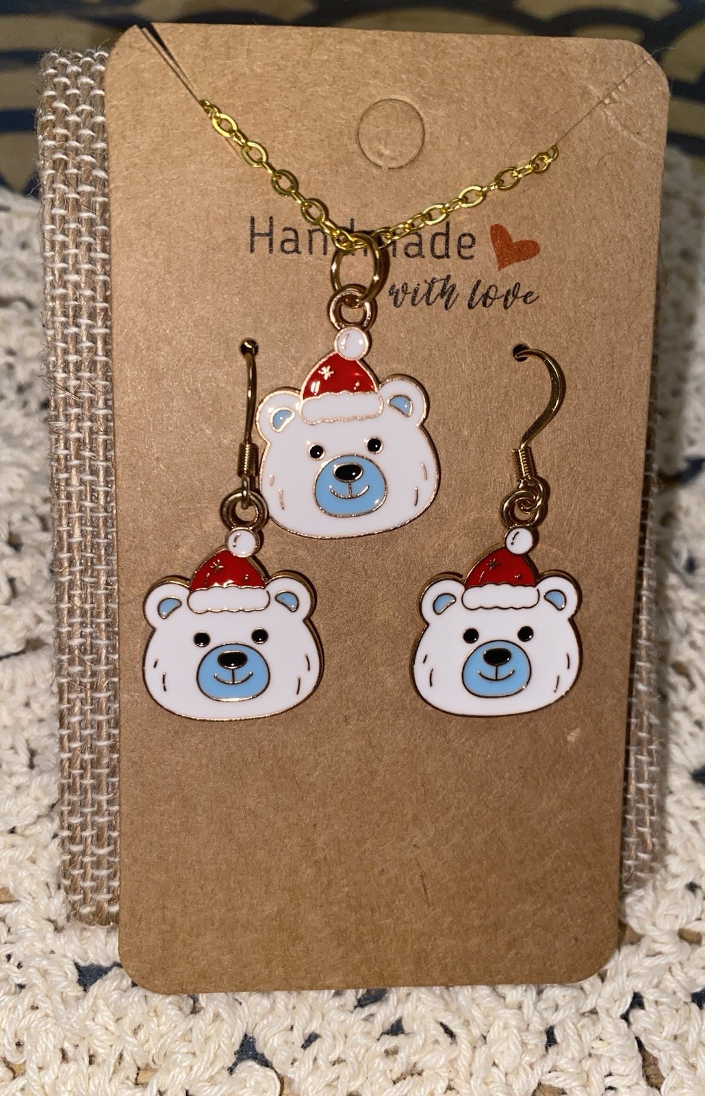 Christmas Polar Bear Necklace & Earrings Set Hand Assembled Holiday Jewelry