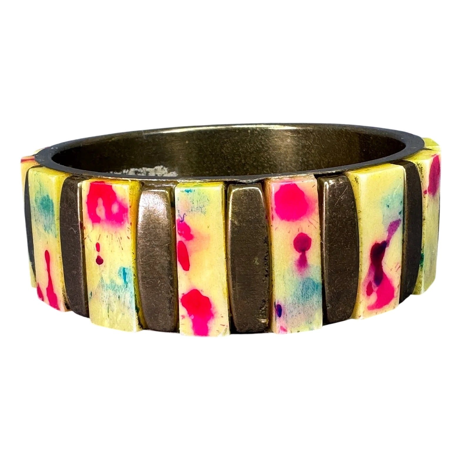 Vintage Color Splatter Splash Painted Bone Inlay Brass Bangle Bracelet