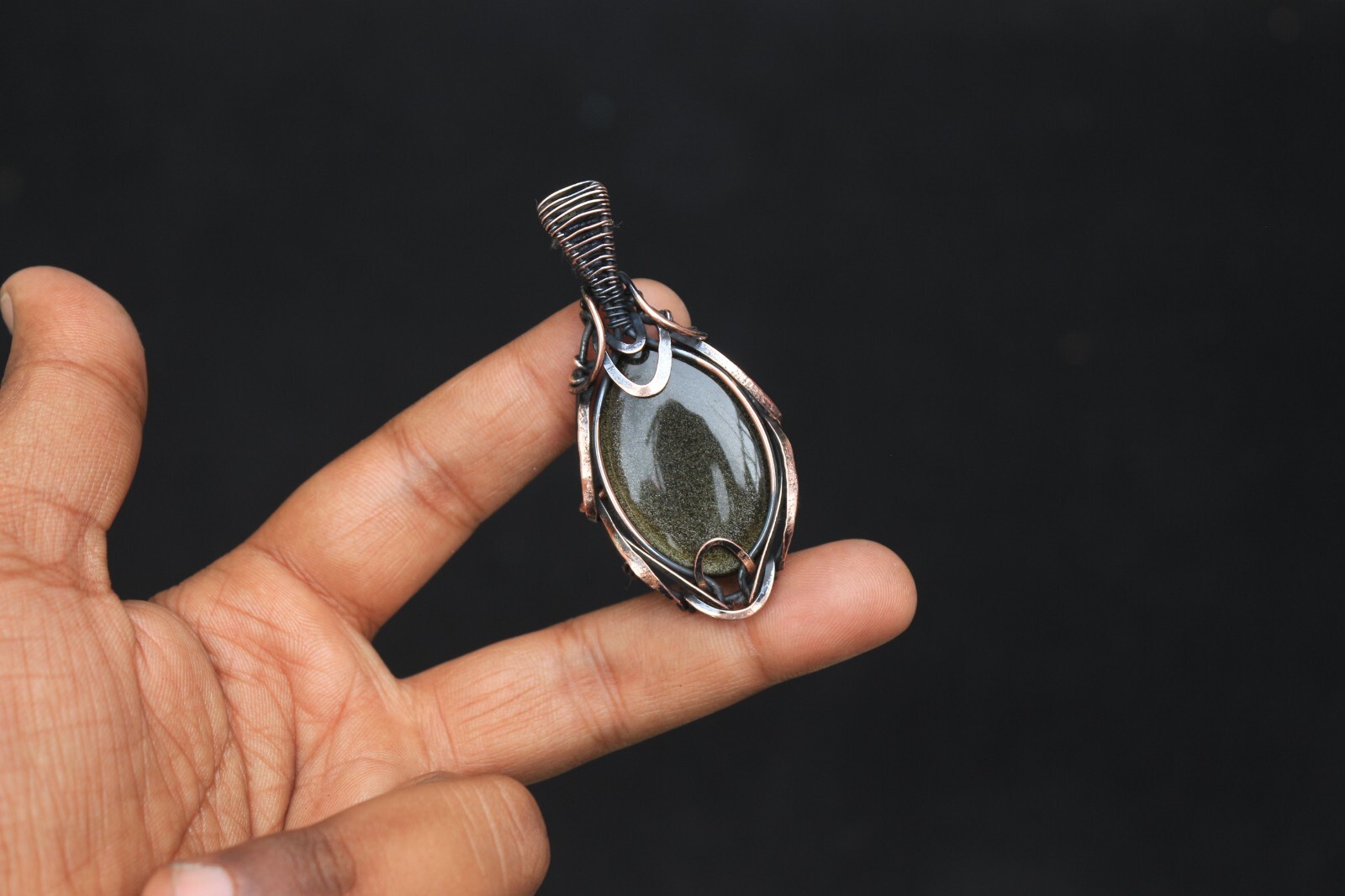 Golden Sheen Obsidian Copper Pendant Wire Wrap Gemstone fashion Jewelry N474