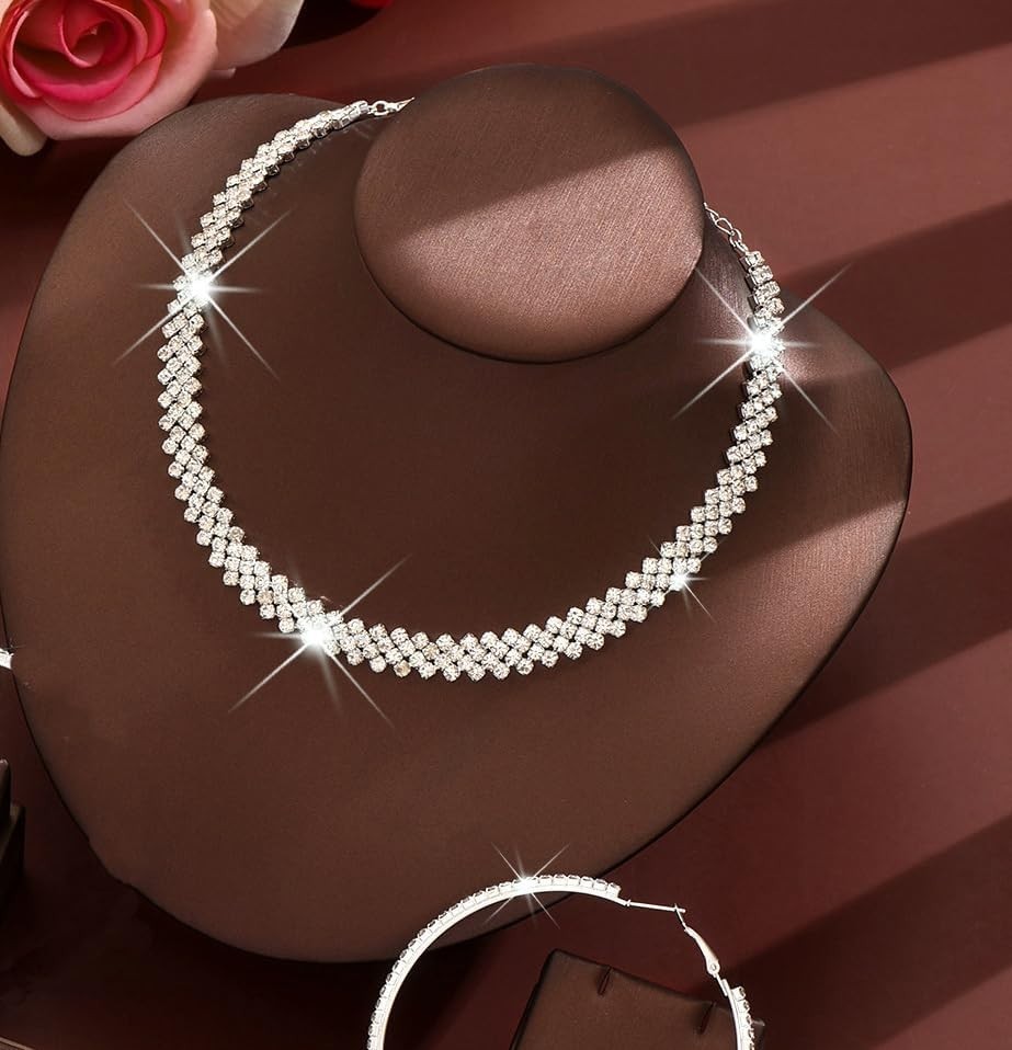Rhinestone Choker Necklaces for Women Silver Diamond Choker and Earring Set f…