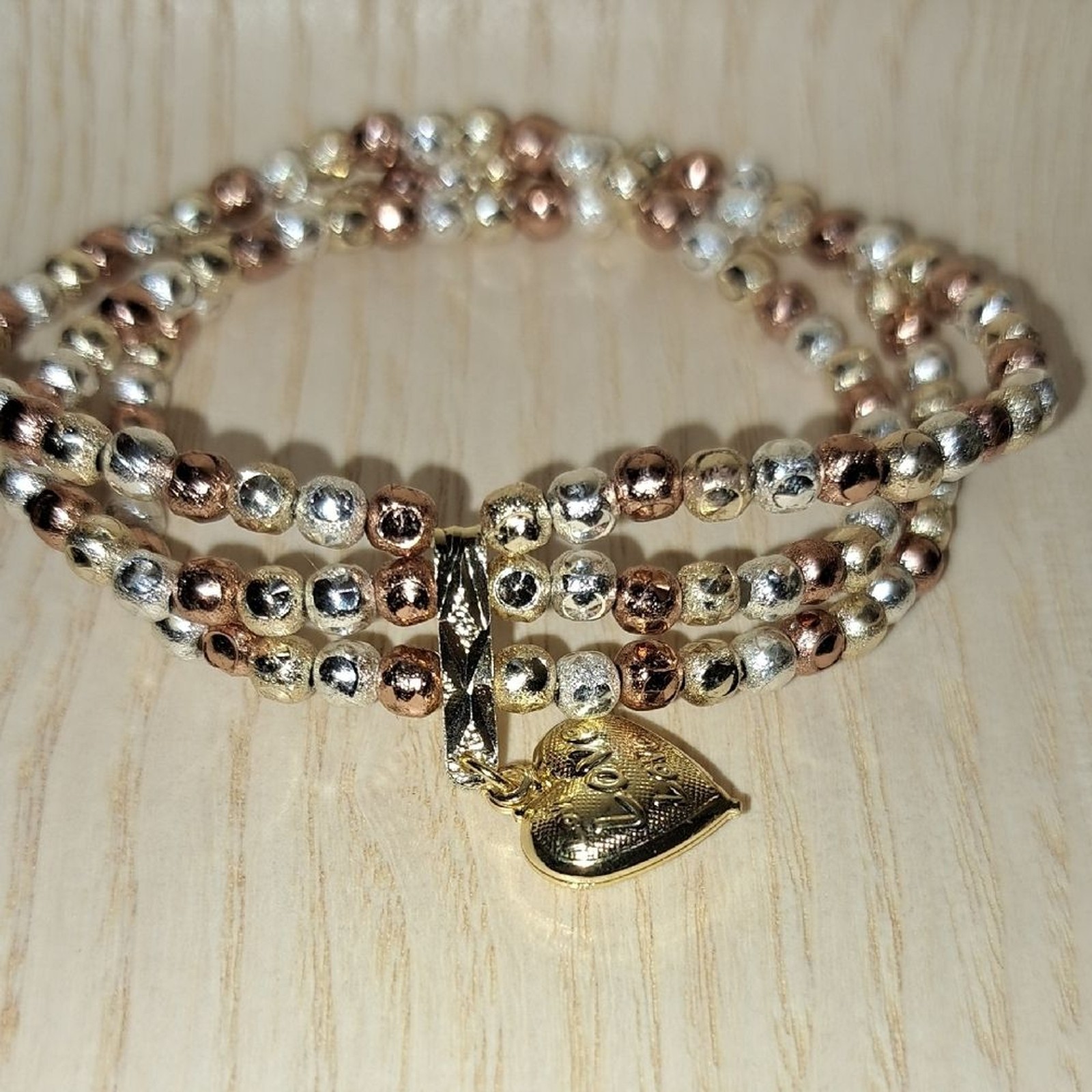 Rose Gold ,Silver And Gold Matte Beaded Heart Charm Bracelet