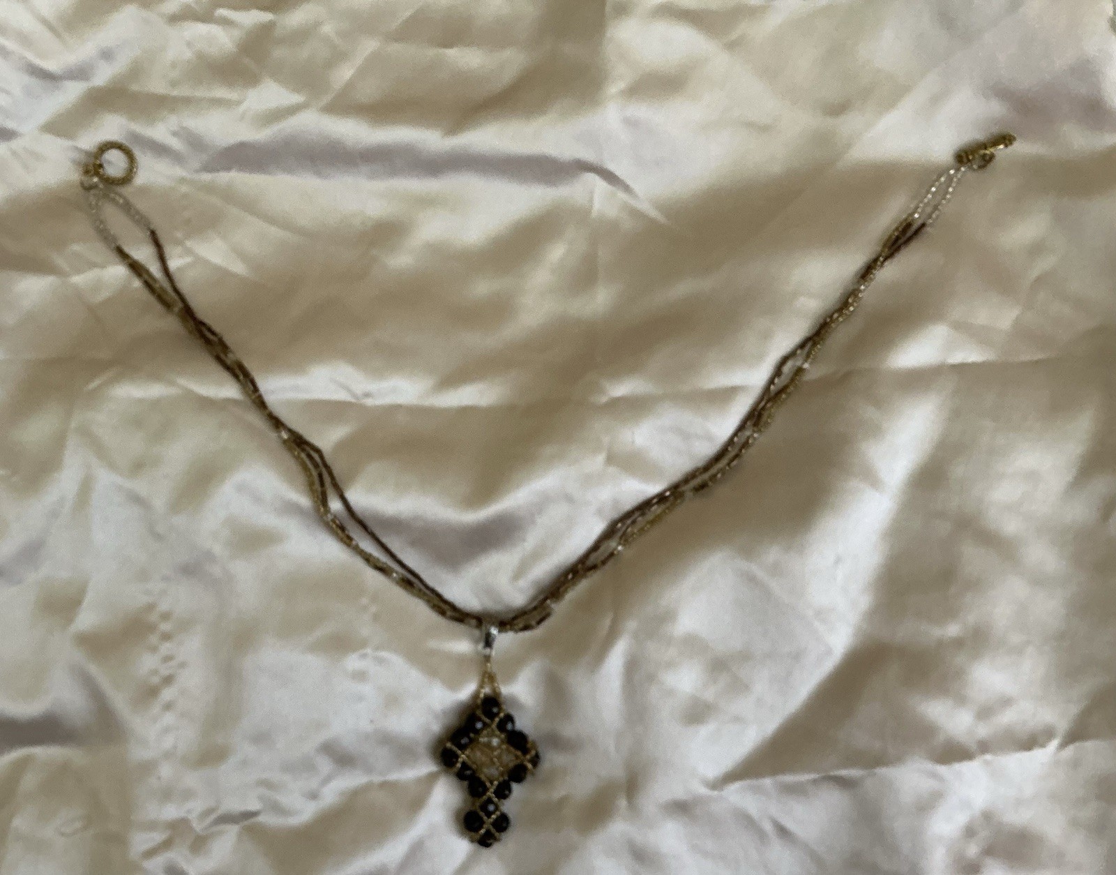 Gold Tone Beaded Necklace Cross Pendant Black Beads Clear Crystal Lobster