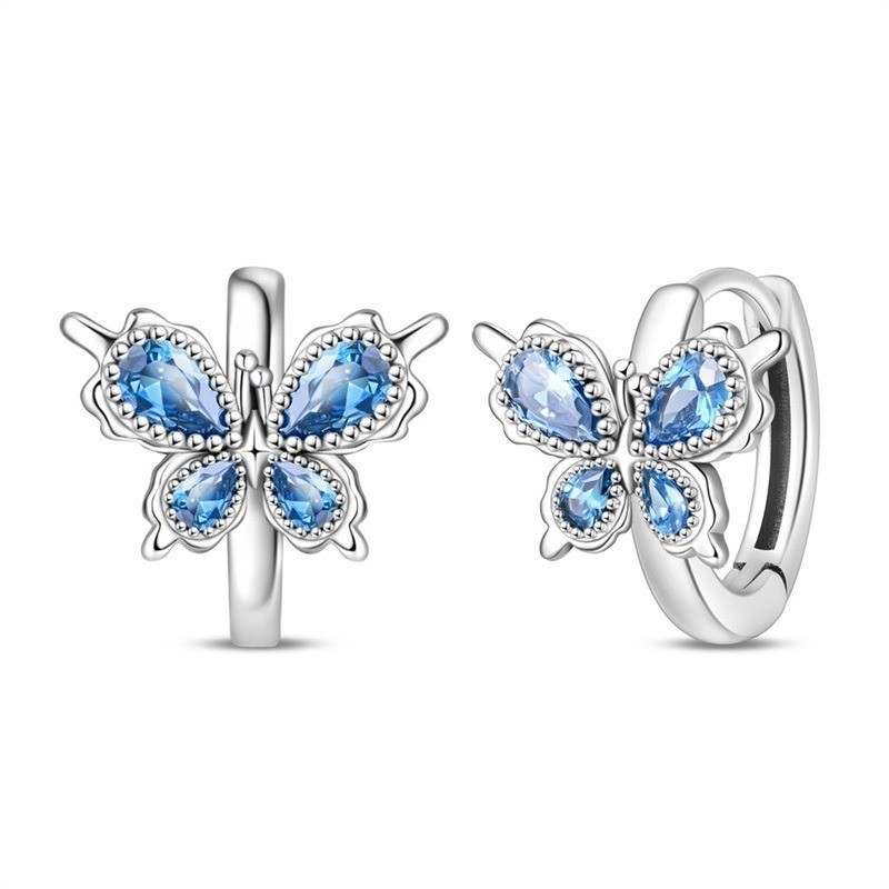 PANDACH 925 Sterling Silver Enamel Blue Butterfly Hoop Earrings For Women Gifts