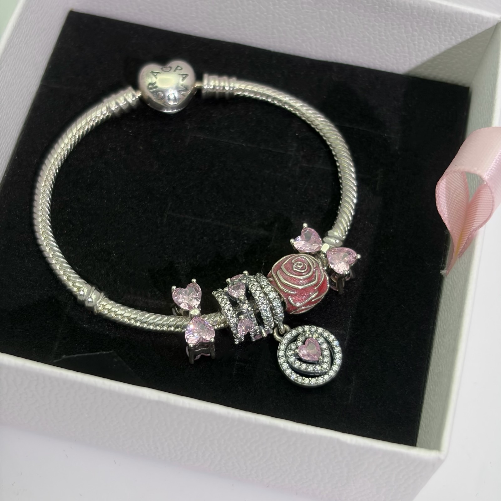 100% NEW #794253C01 PANDORA Heart Shaped Crystal Pink Bow Charm WITH BOX