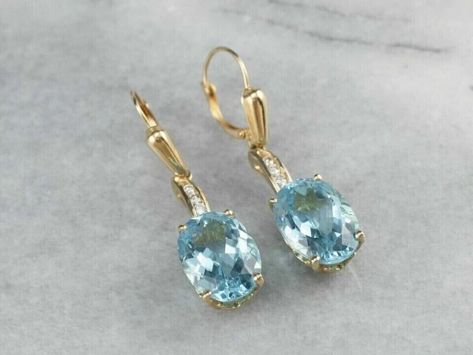 4Ct Oval Cut Simulated Aquamarine Drop & Dangle Earrings 14K Yellow Gold Plated