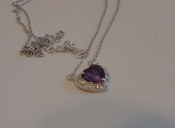 HEART NECKLACE PENDANT W/ LAB DIAMONDS & AMETHYST / 925 STERLING SILVER /18”