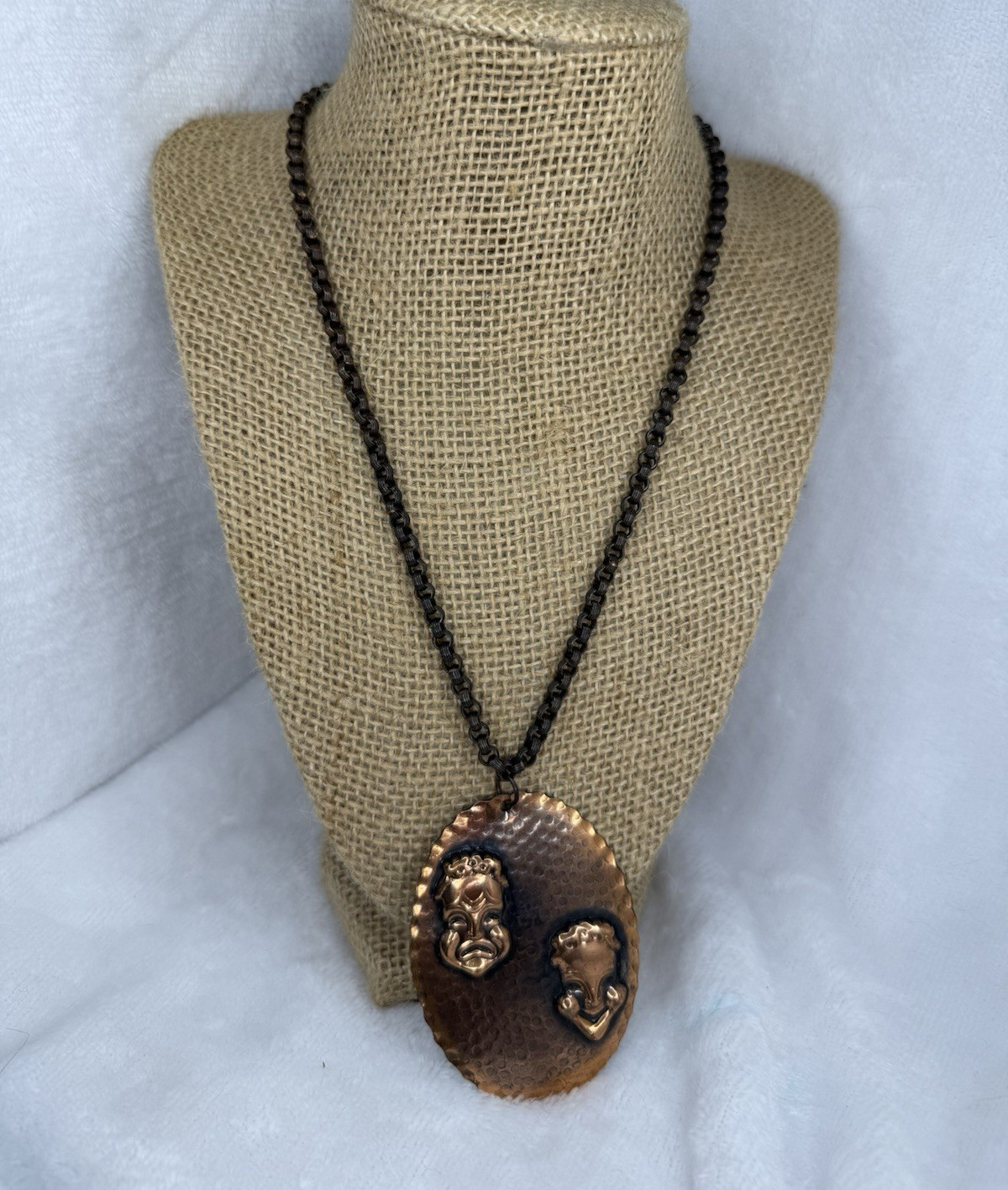Vintage 1950s Comedy & Tragedy Mask Genuine Copper Necklace & Pendant