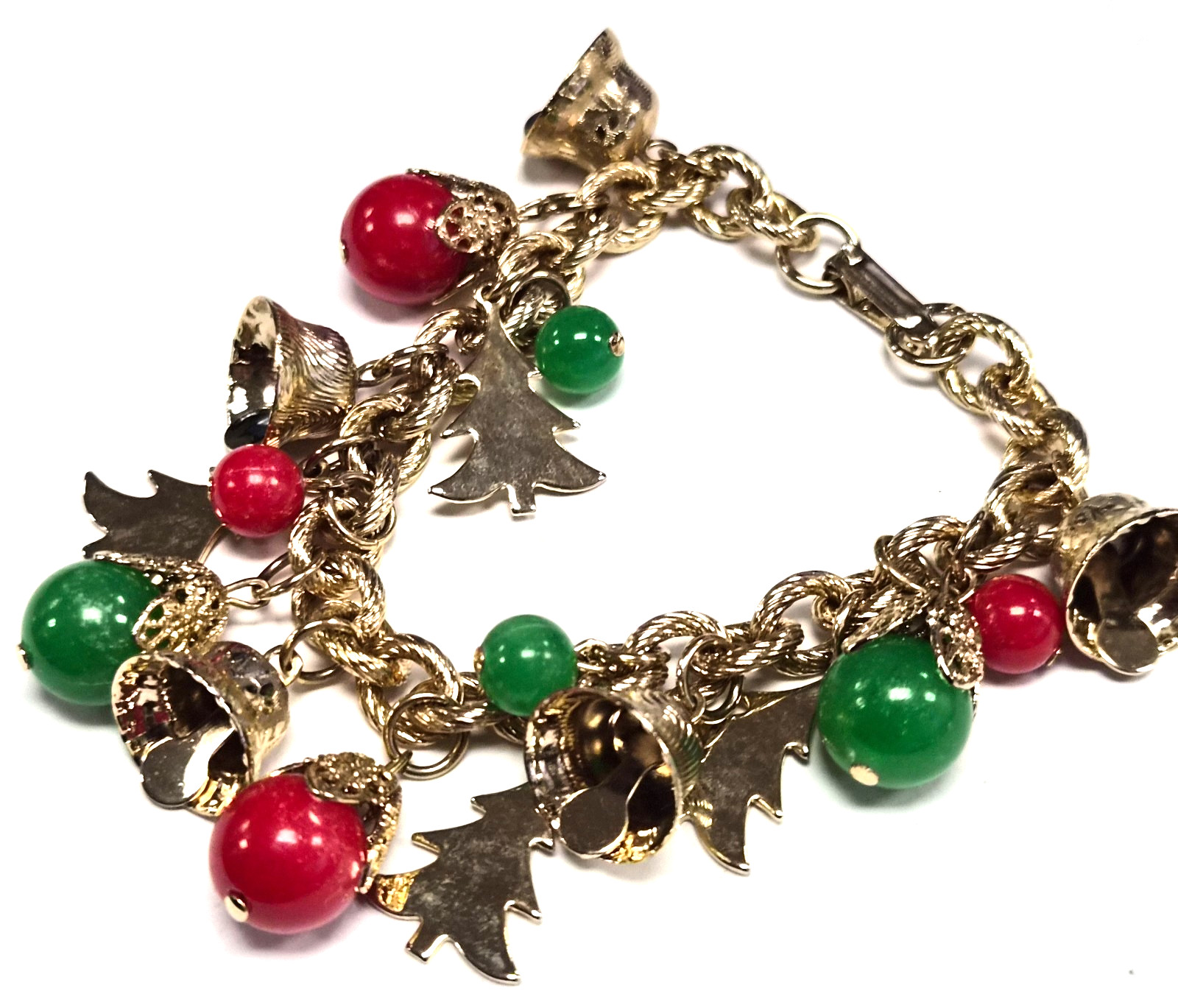 Vintage 70’s Christmas Holiday Bells Charm Dangle Red & Green Link 6.5″ Bracelet