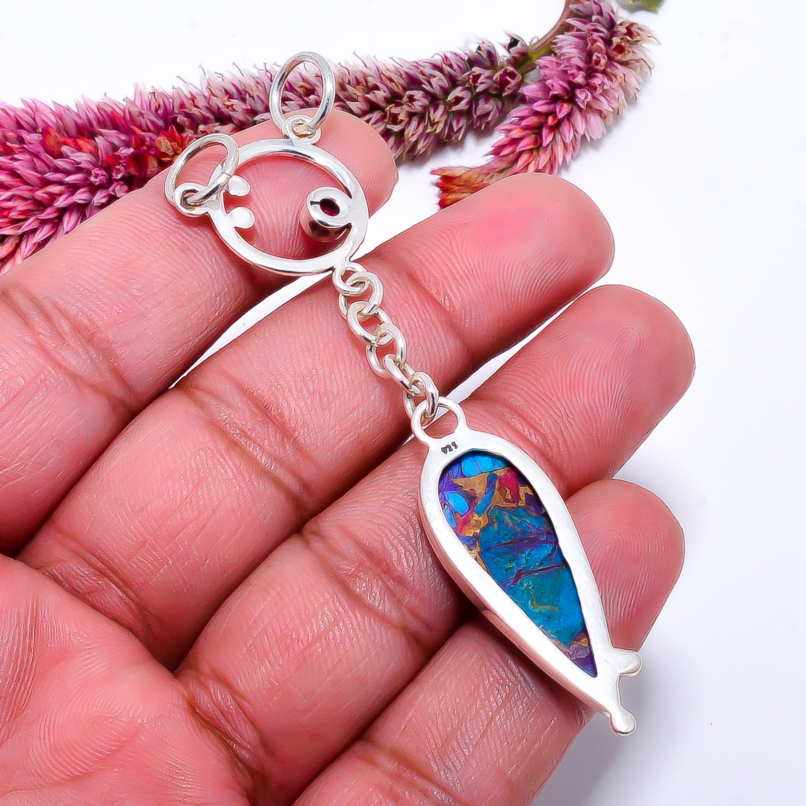 Copper Purple Turquoise & Pink Tourmaline 925 Silver Pendant 2.93″ P10371114632