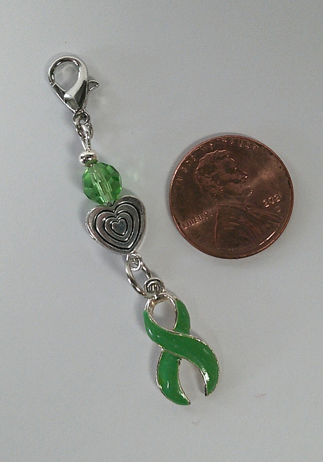 Mental Health Awareness Green Ribbon Beaded Charm Clip Zipper Pull NEW Handmade