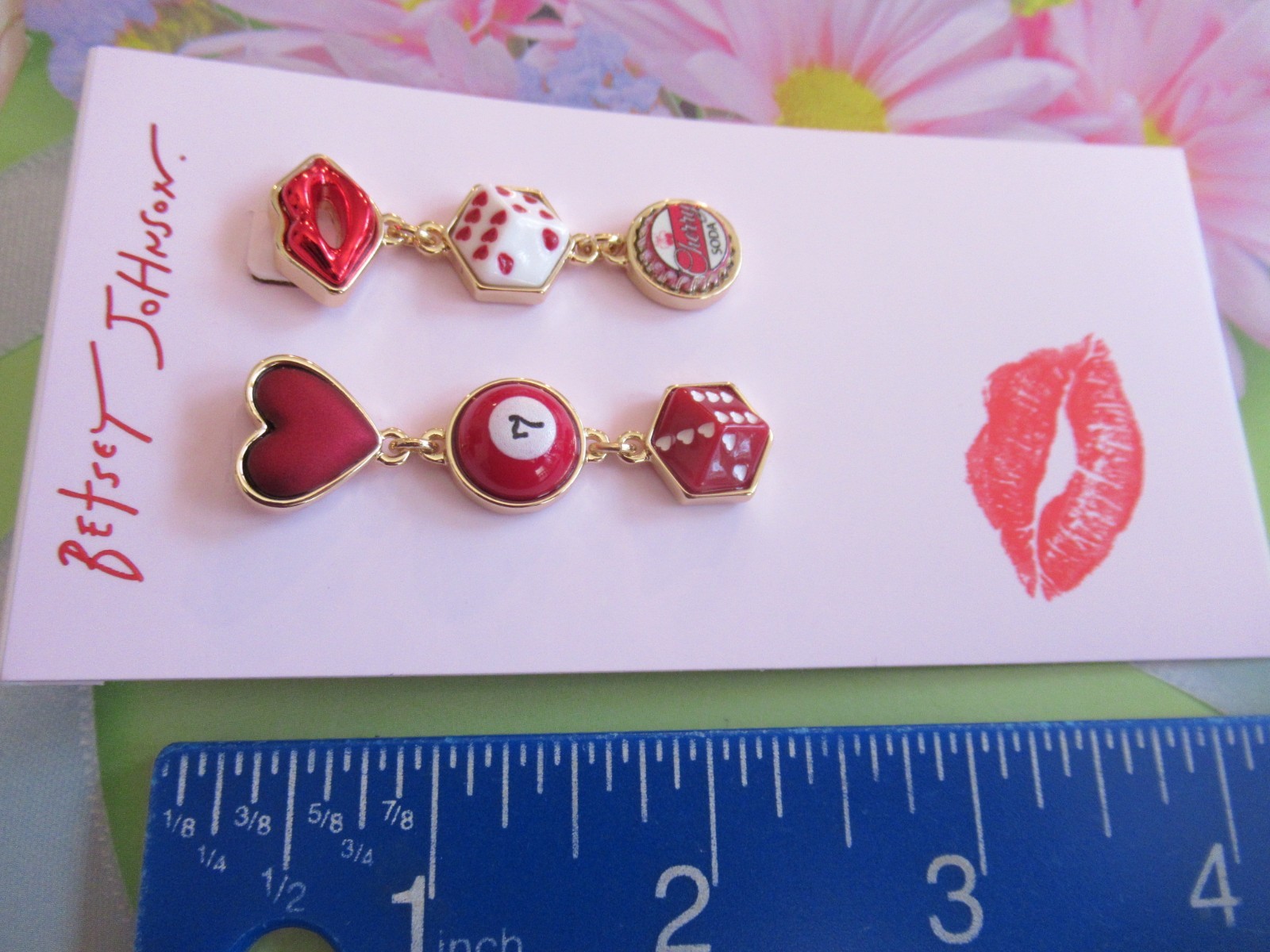 Betsey Johnson Authentic Red Lucky Dice Cherry Soda Hearts Drop Earrings NWT