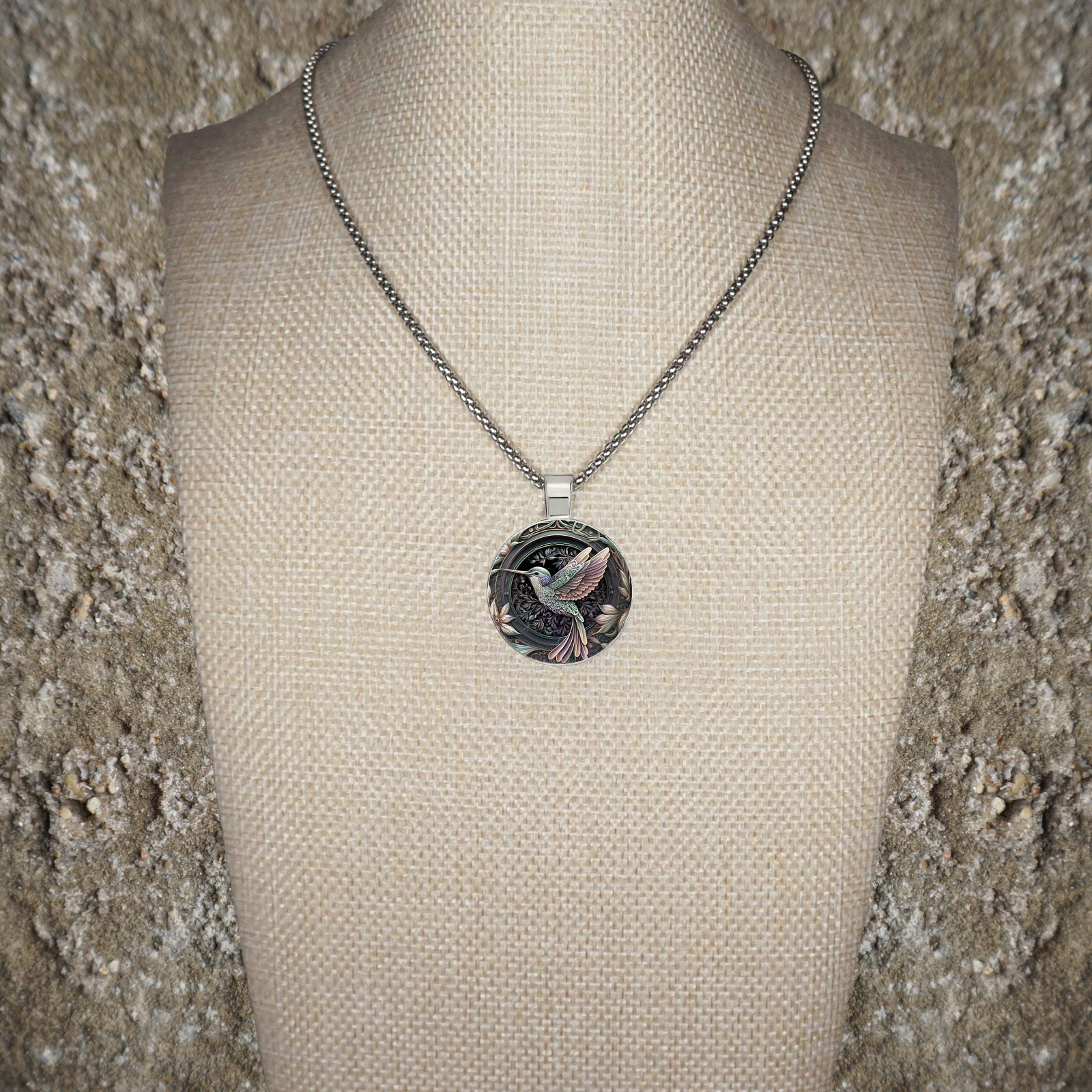 Intricate Blue Hummingbird Boho Pendant, Stainless Steel Necklace