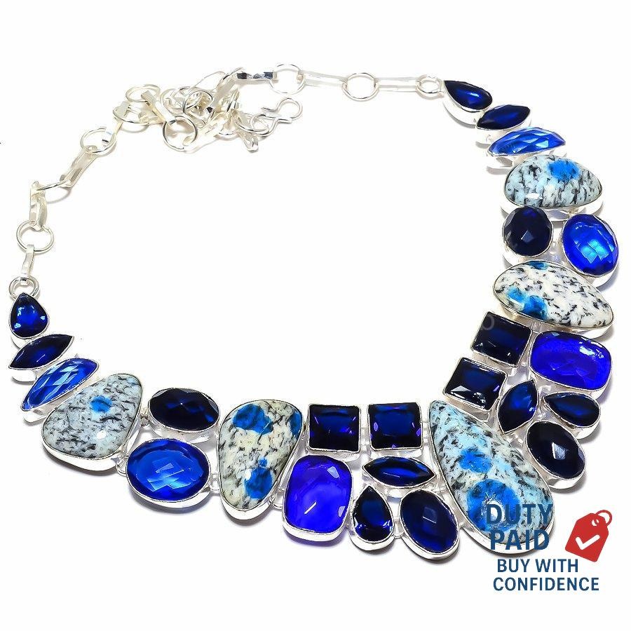 Natural K2 Azurite Wedding Channel Set New Chain Hook Necklace 925 Silver Plated