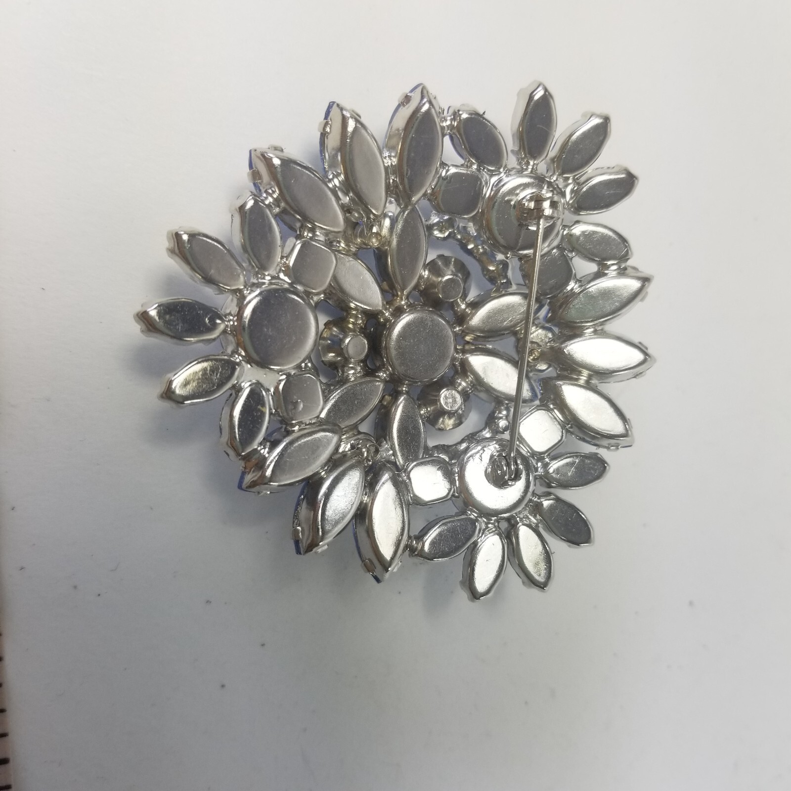 Brooch Ice Blue Rhinestones Icey Silver Tone 2.5″ Flower Cluster