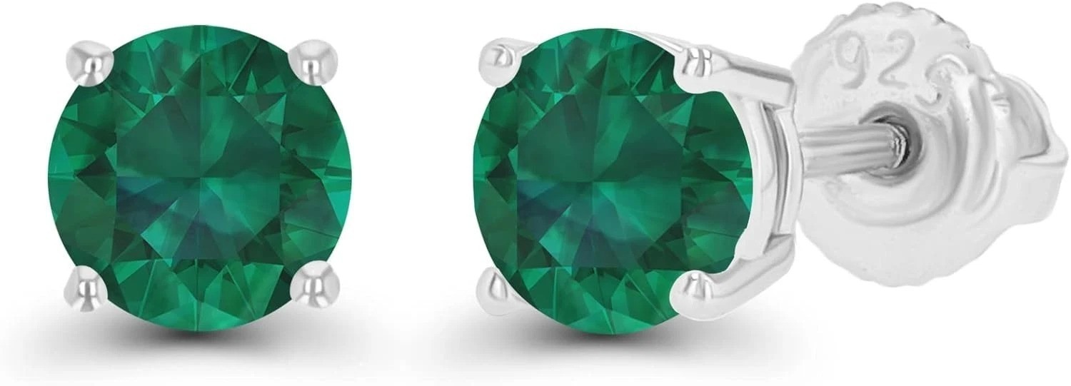 Elegant 5mm Emerald Solitaire Stud Earrings 925 Sterling Silver Hypoallergenic