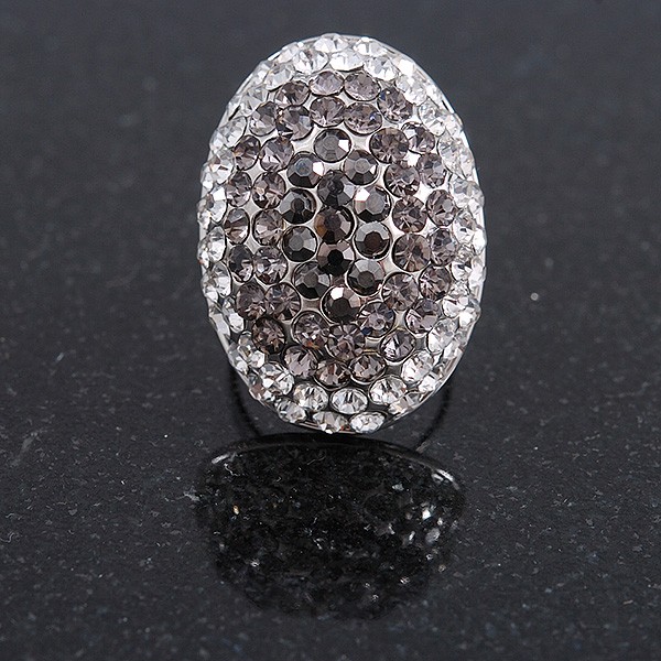 Oval Dome Shape Clear/ Grey Crystal Ring In Silver Tone Metal – 30mm Long – 7/8