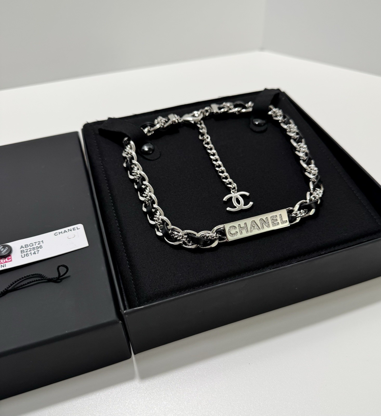 Chanel Necklace Black Leather Chain Crystal CC Choker 26C Authentic W/Box NWT