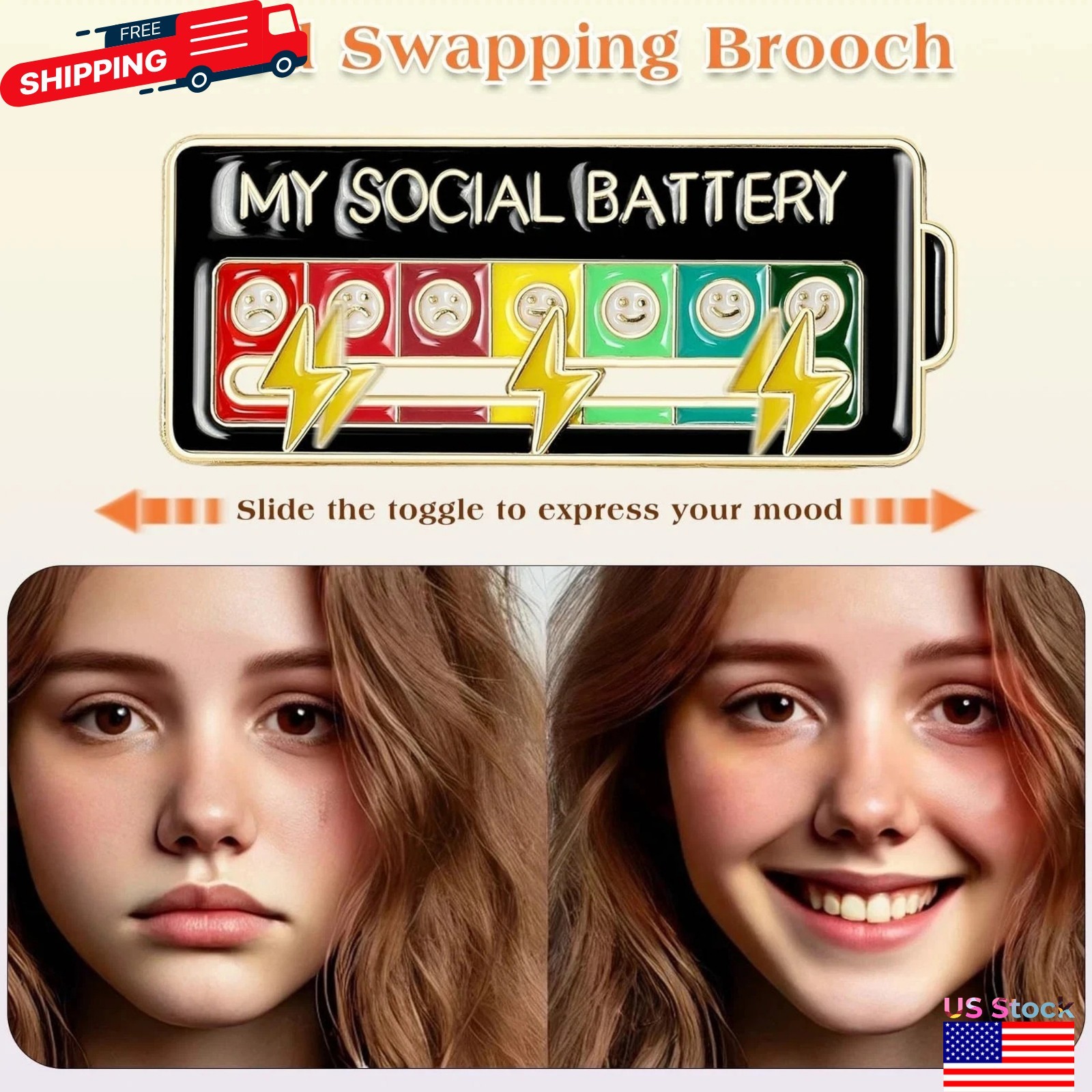 Funny Social Battery Slider Pin – 7-Mood Expression Badge, Cute Interactive Pin