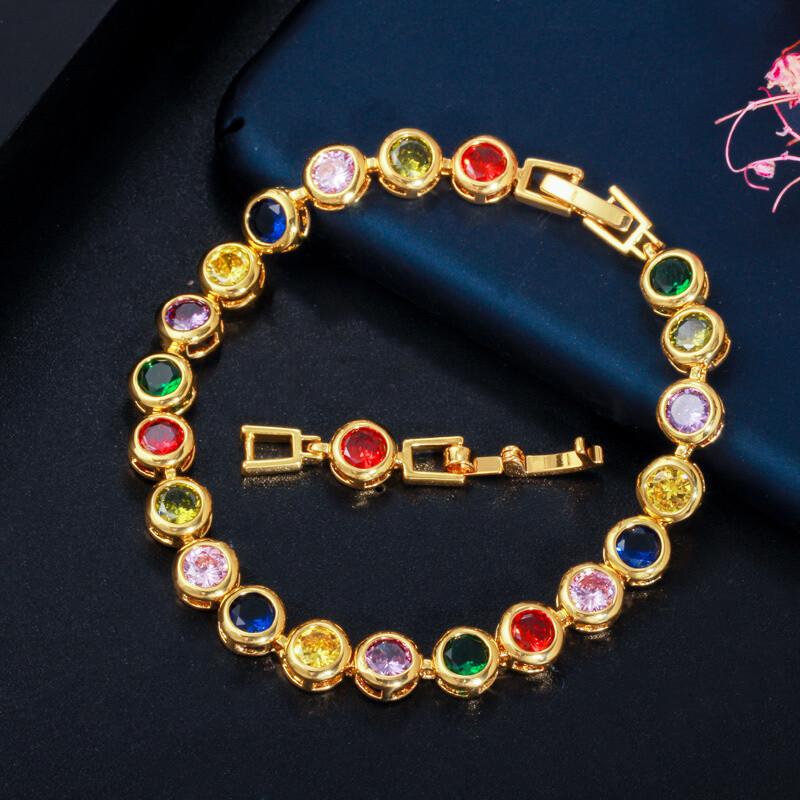 Gorgeous Gold Plated Colorful Round Cubic Zirconia Tennis Bracelet Women Jewelry
