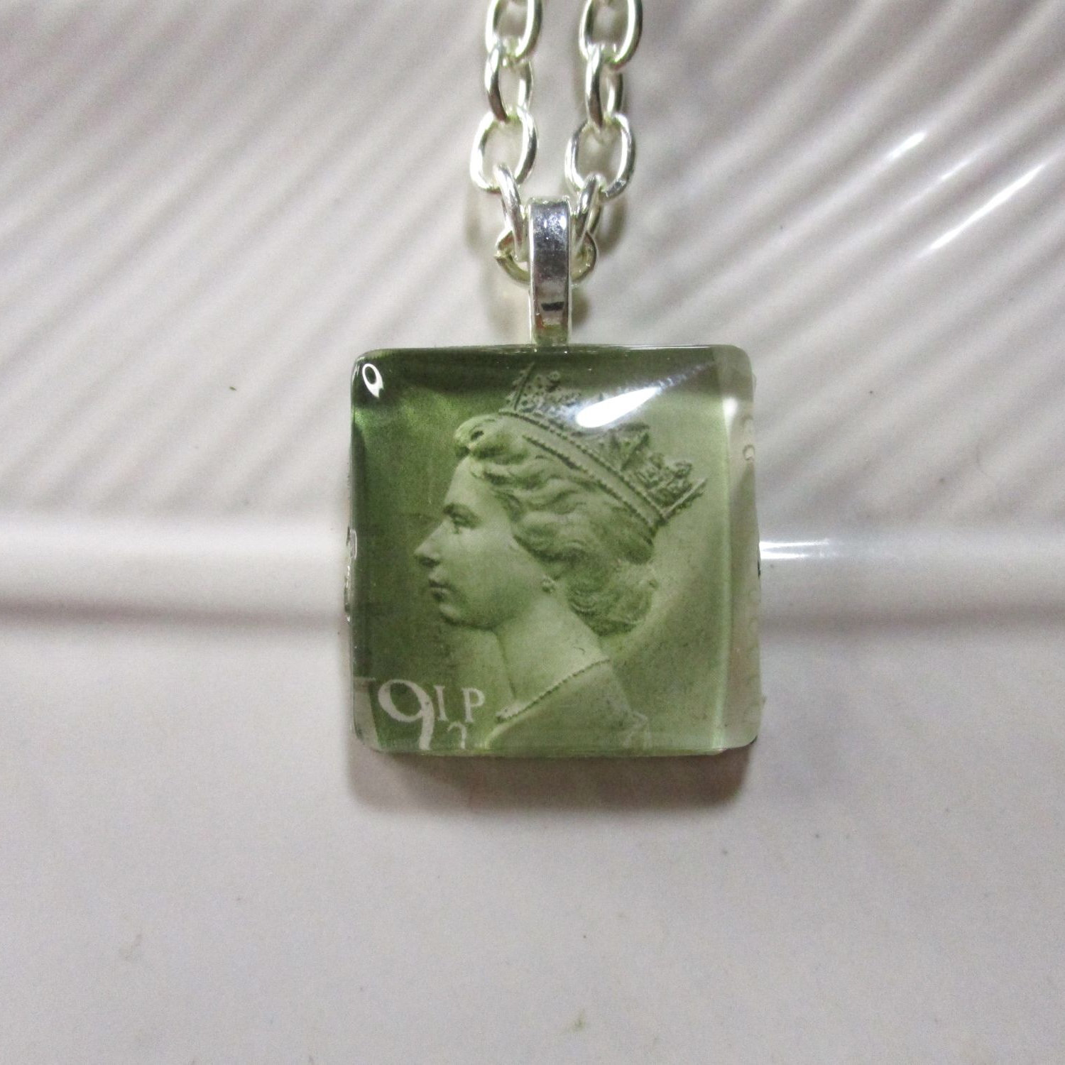 Handmade Authentic Postmarked Queen Elizabeth Postage Stamp Glass Tile Necklace