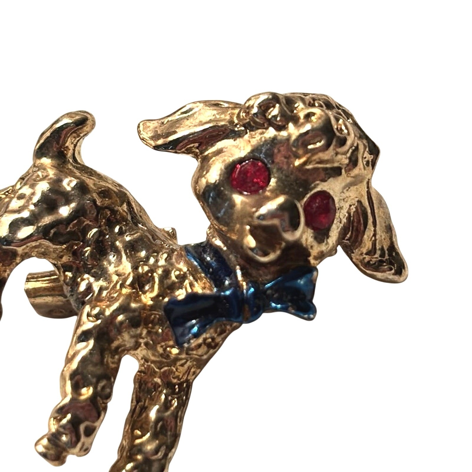 Vintage Taiwan Gold Tone Lamb Brooch Red Rhinestone Eyes Blue Bow
