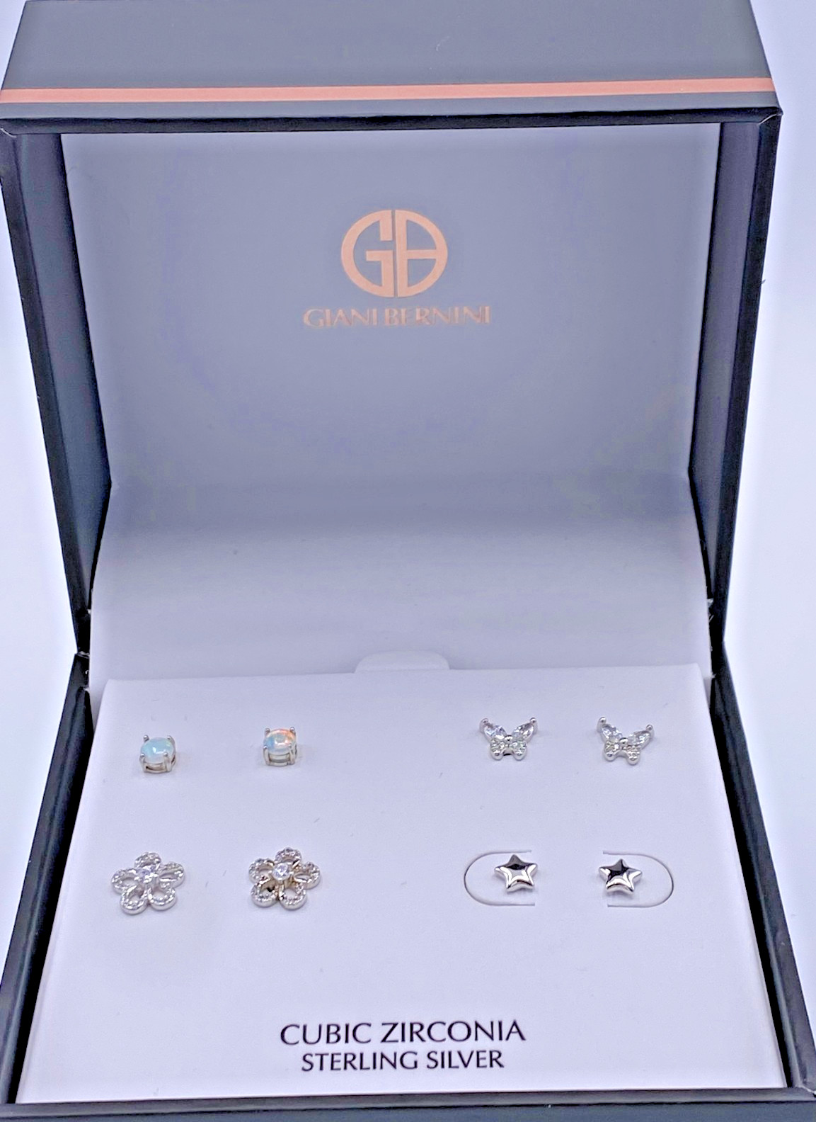 Giani Bernini Sterling Silver 4-Pair Synthetic Opal & CZ Stud Earrings Gift Box