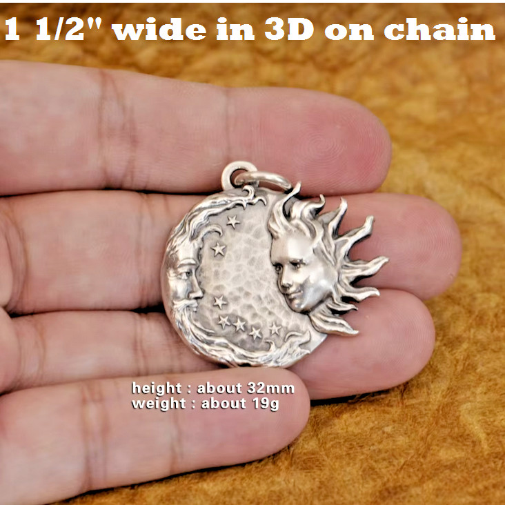 Rare MOON SUN FACE FANTASY STAR CELESTIAL charm 925 Sterling Silver 20″ Necklace
