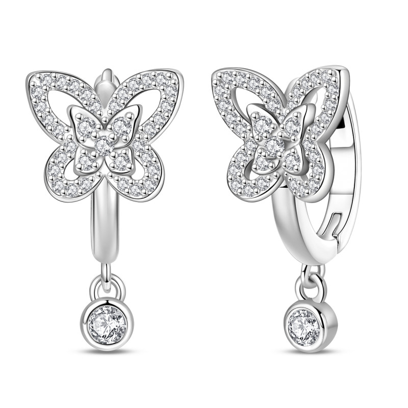 PANDACH Sterling Silver Dainty Crystals Butterfly Dangle Hoop Earrings For Women