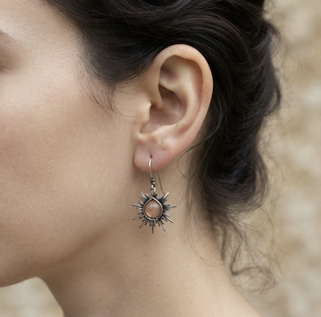 Oxidized Silver · Moonstone Asymmetric · Hook earrings bohemian handcrafted