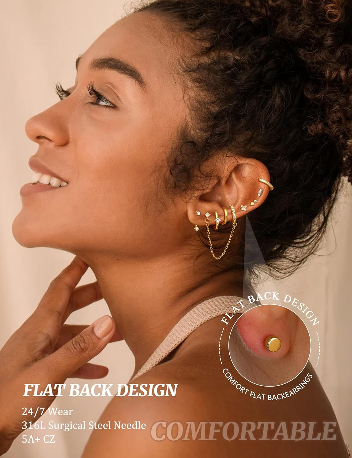 Hypoallergenic Flatback Stud Hoop 14K Gold Plated Earrings Stacks – Surgical Sta