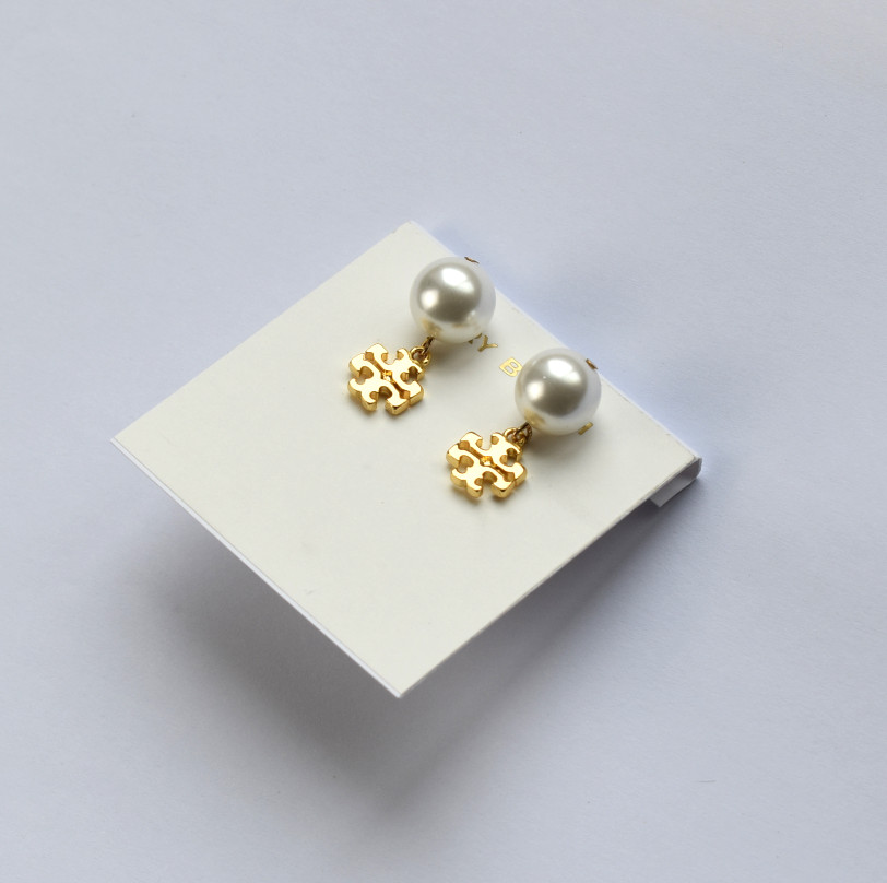 Tory Burch TB logo White Pearl Drop Earrings Gold with dust bag