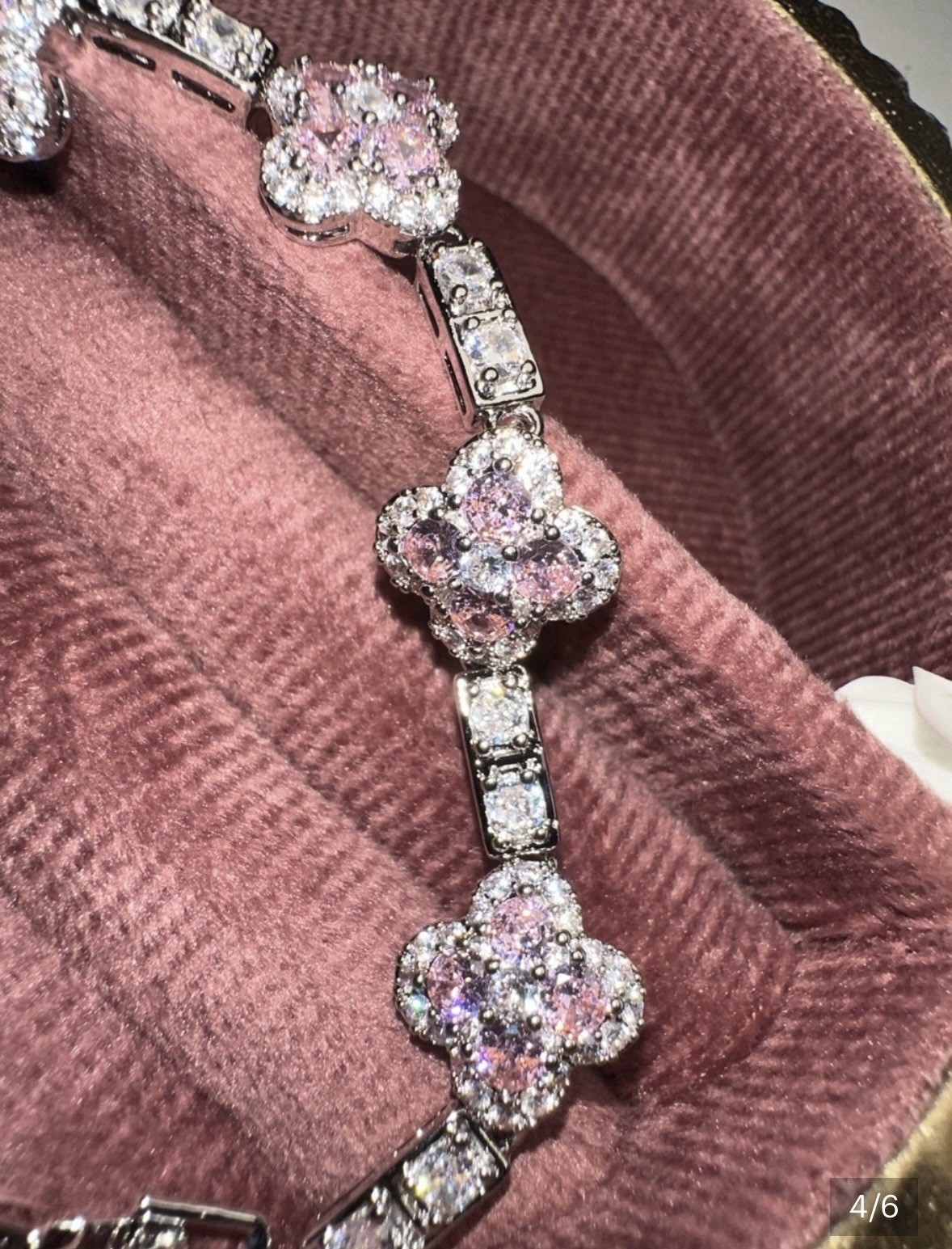925 Silver Pink Crystal Clover Flower Link Bracelet Lobster Clasp