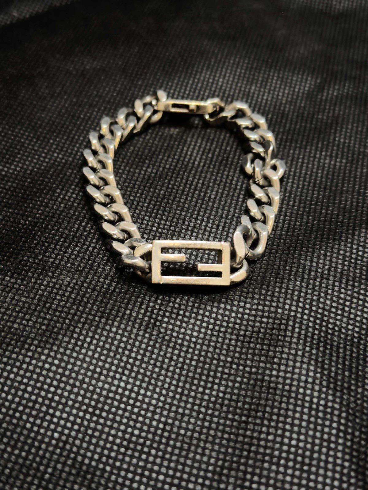 FENDI FF Baguette Logo Chain Bracelet Silver Tone Metal Italy Vintage Unisex