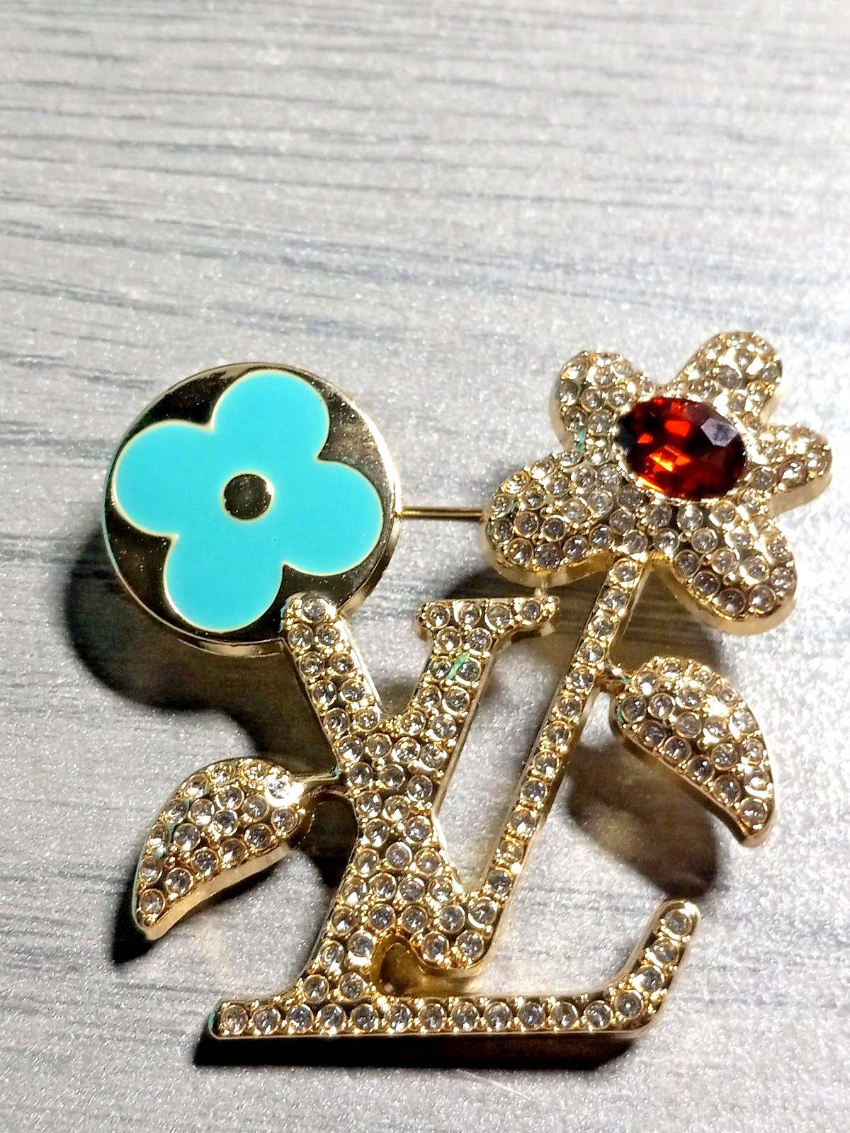 Designer Gold tone Brooch, Faux diamond rhinestones, Metal, Zipper Pull Charm