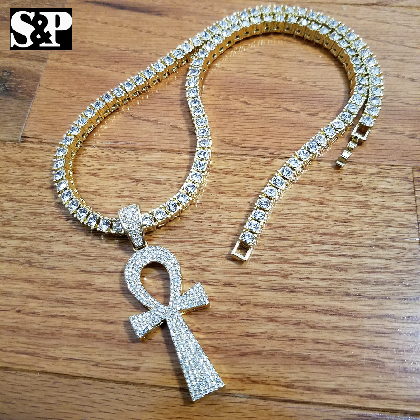 New Hip Hop Ankh Pendant 18″ Full Iced 1 ROW Cubic Zirconia Tennis Choker Chain
