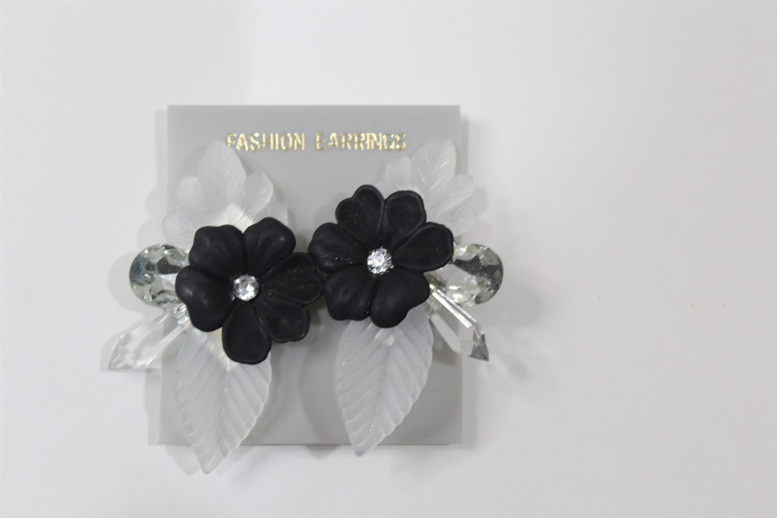 Clip On Earrings Acrylic with Black Floral Design 2 1/2″ Vintage