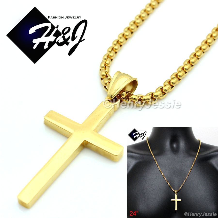 24″MEN Stainless Steel 2mm Gold Plated Box Link Chain Necklace Cross Pendant*G29