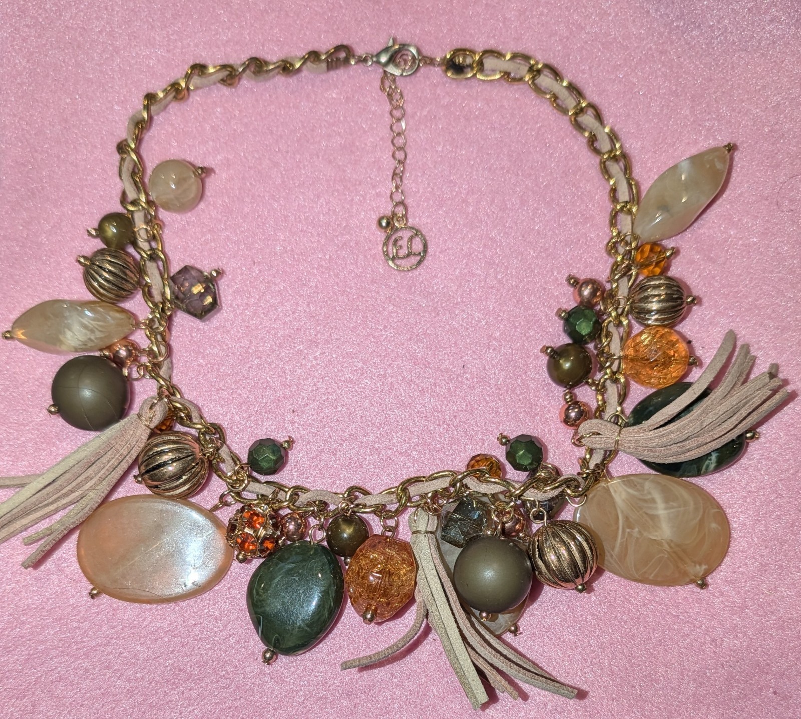 Gold Tone Charm Statement Necklace Green Beige Leather Tassels Curb Lobster