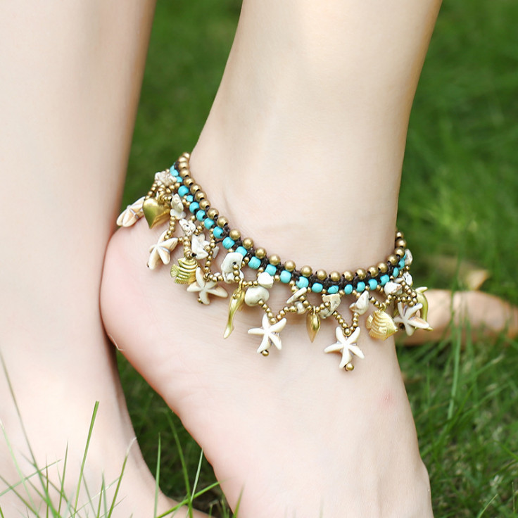 Bohemia Turquoise Copper Bead Bell Wax Rope Ocean Foot Anklet Bracelet 8-9.2″