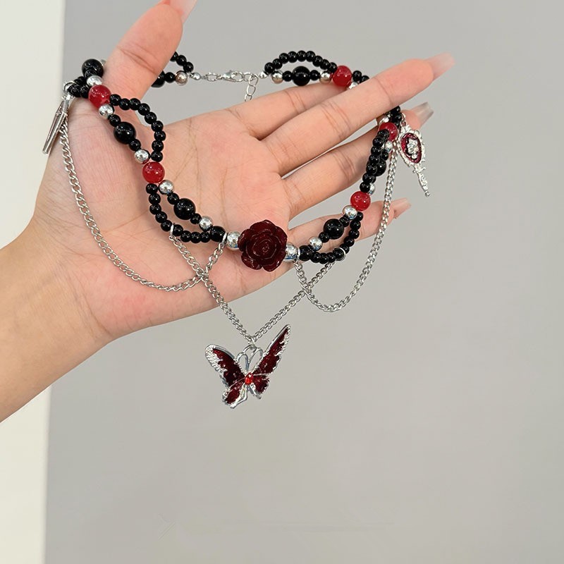 Butterfly Choker Necklace Red Black Beaded Chain Pendant Y2K Punk Alternative
