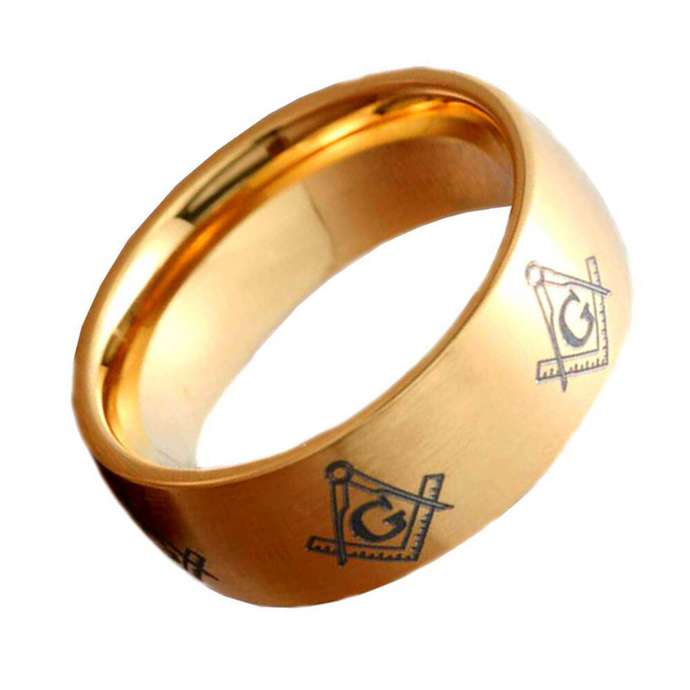 8mm Dome Titanium Ring Gold Plated Masonic Freemason Brush Men’s Wedding Band