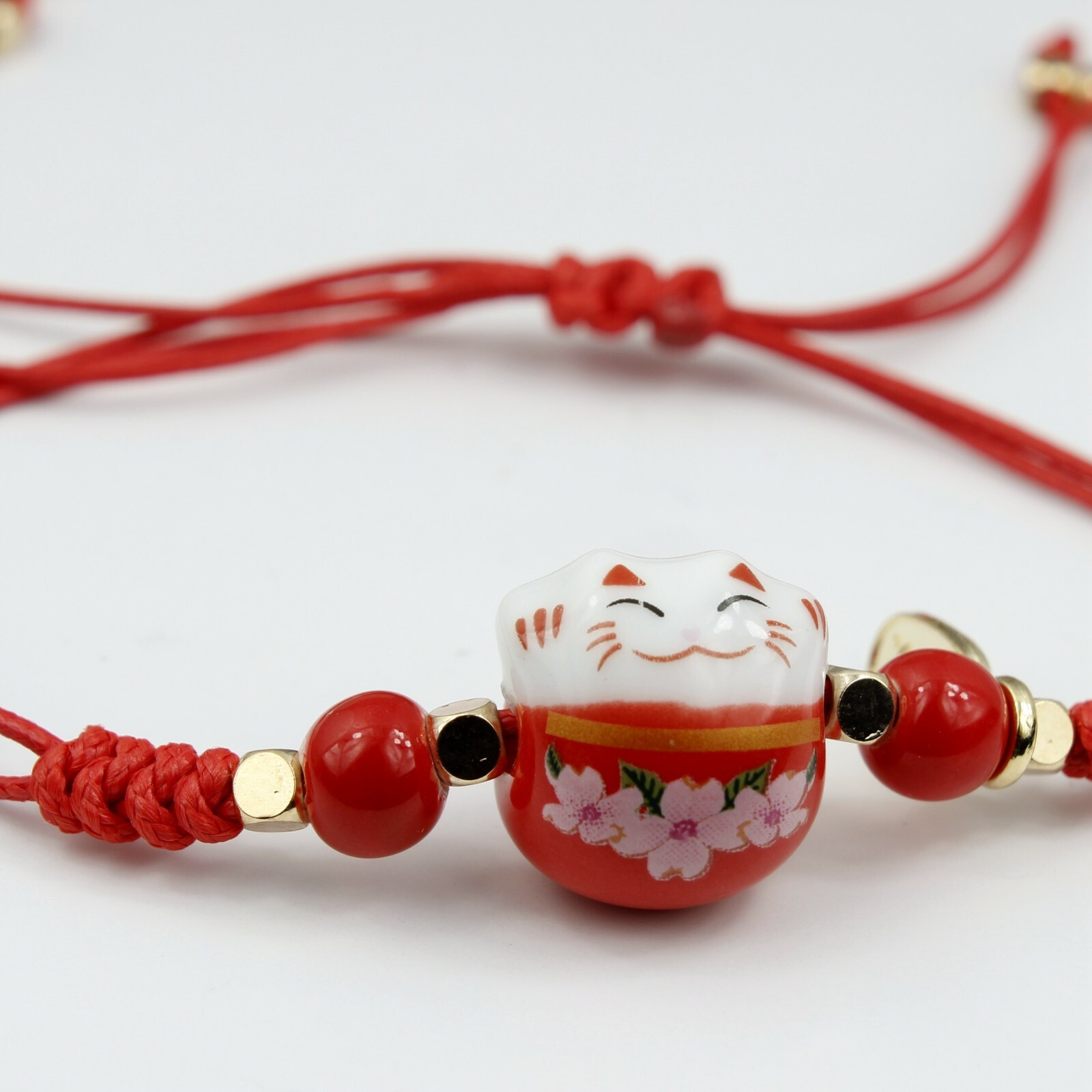 Girl Women Luck Ceramic Fat Flower Cat / Kitty Animal Adjust Rope Bracelet 4-11″