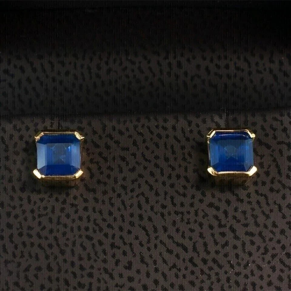 2Ct Simulated Sapphire Asscher Women Square Stud Earrings 14K Yellow Gold Plated