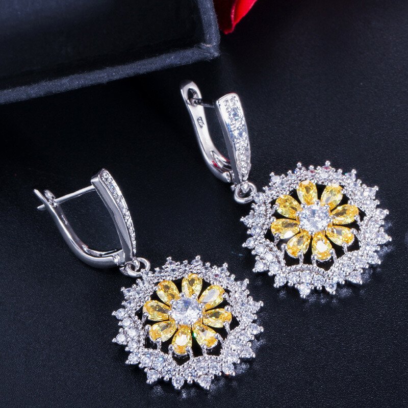 Pretty Flower Pendant Necklace Earrings Ring Set Silver Plated Women CZ Jewelry