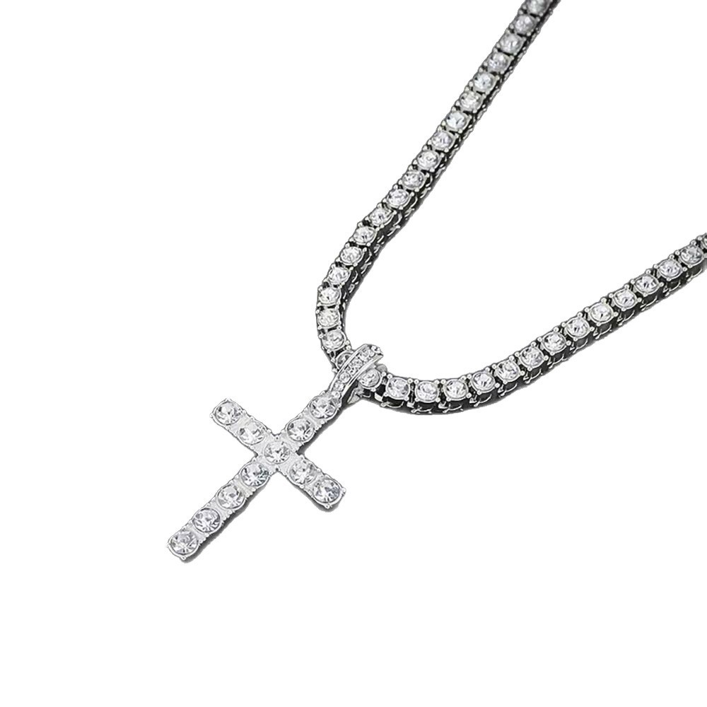 Silver Layer Tennis Chain Cross Pendant Hip Hop Unisex Bling Layering Necklace