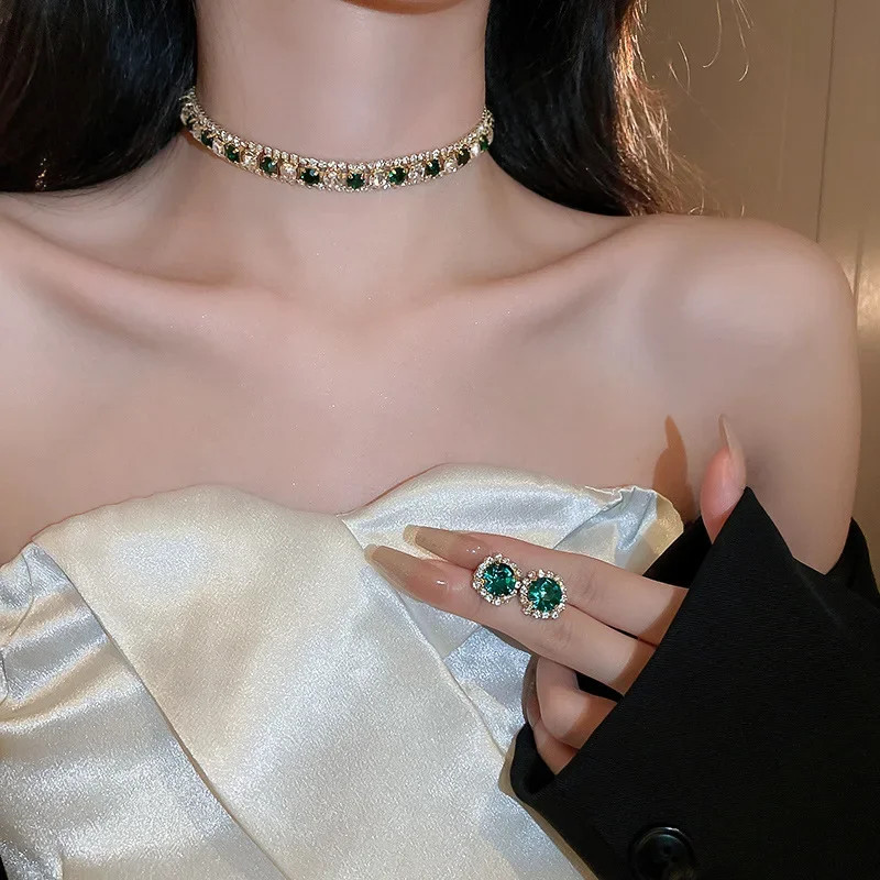 Luxury Crystal Necklace Earrings Set Champagne Green Blue Black Necklace