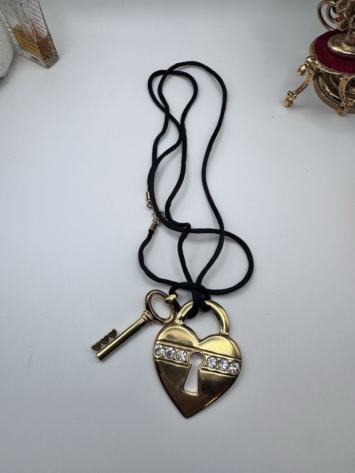Avon Heart And Key Gold Tone Whit Rhinestone 36” Long Necklace- Avon Necklace