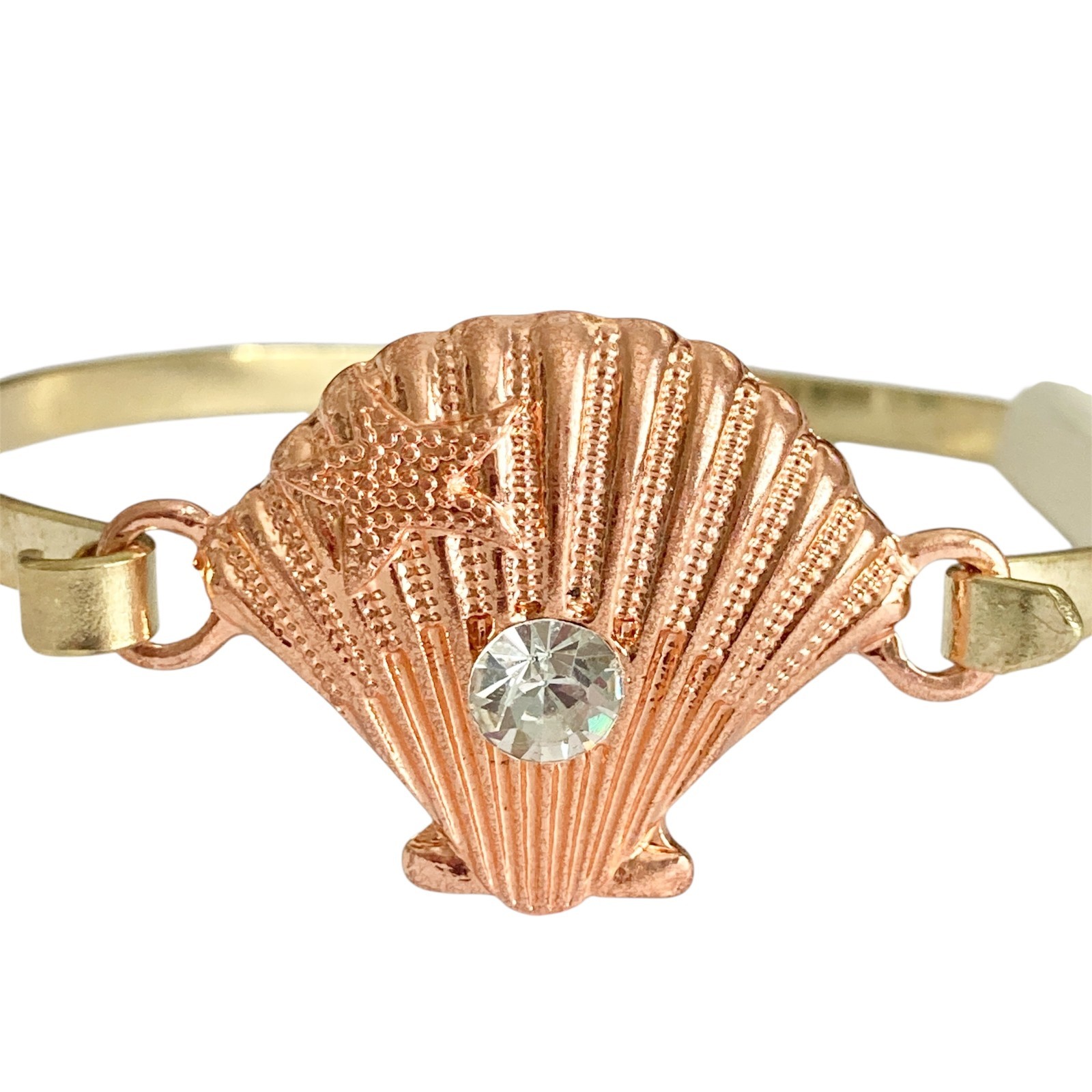 Scallop Sea Shell Bracelet Bangle Nautical Island Beach 7.5″ Gold Plated Crystal